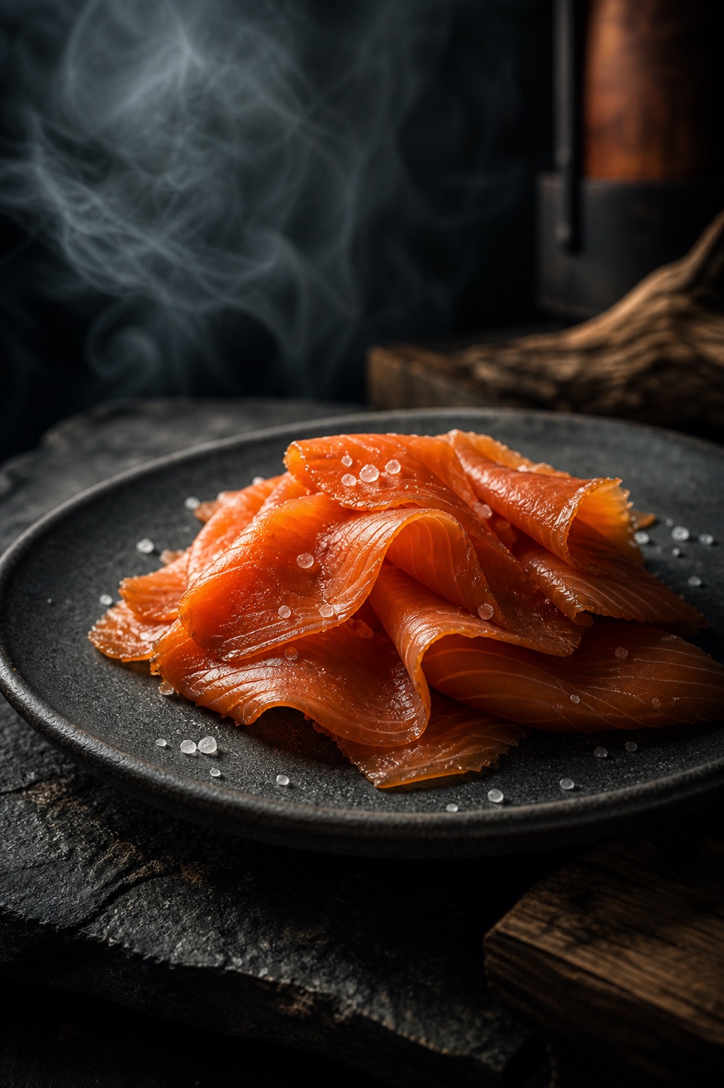 Hand-cut BC double-smoked salmon on parchment, side-lit to show the lacquered grain.