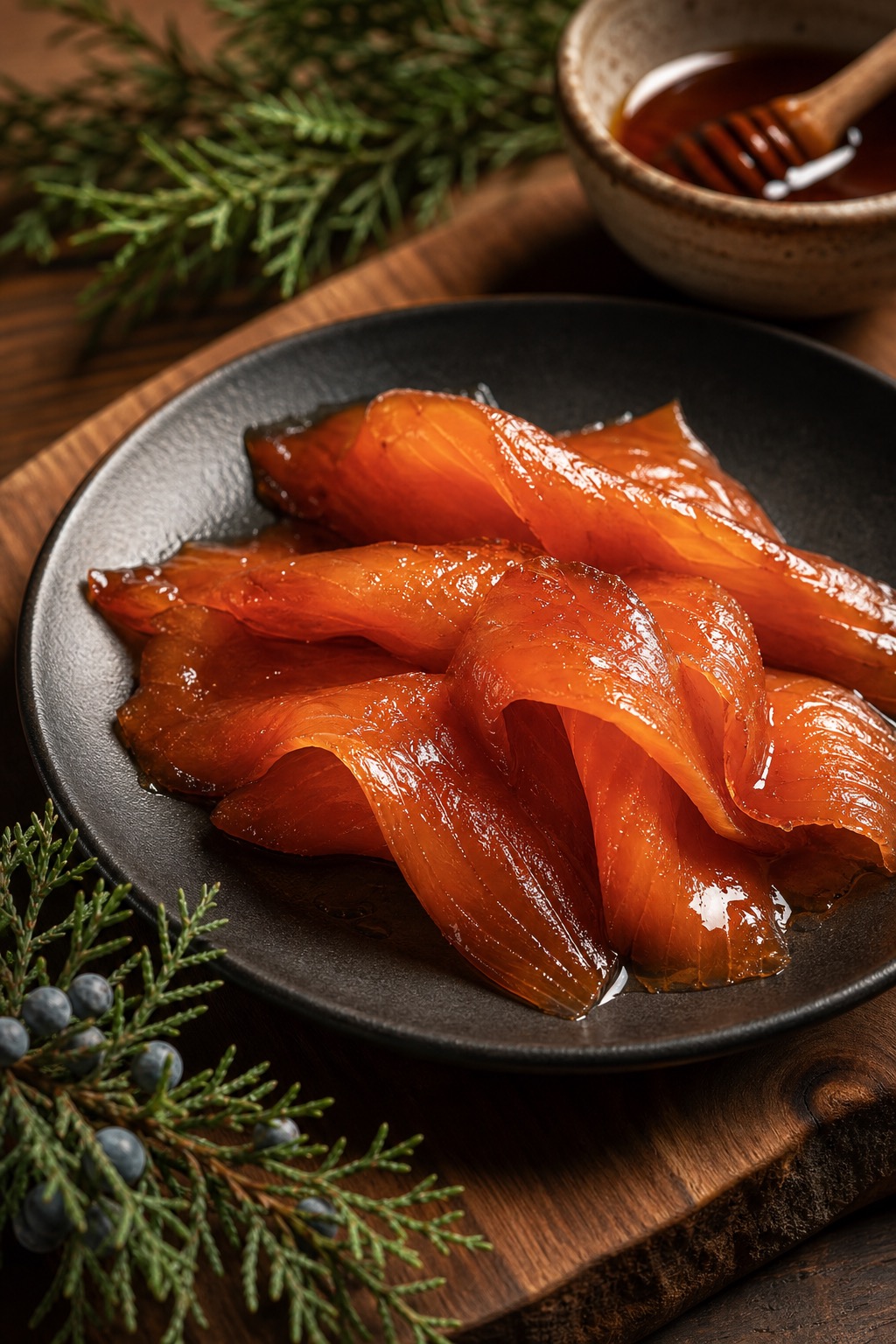 Glossy maple-and-juniper smoked salmon, dark amber across the top.