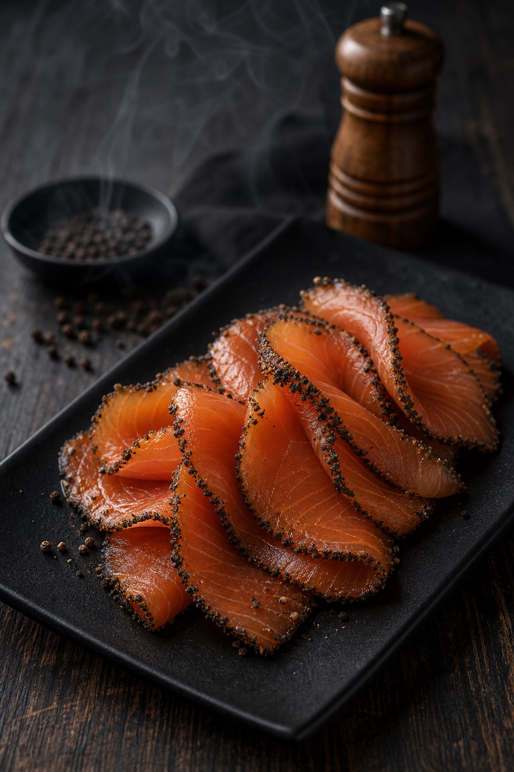 BC double-smoked salmon crusted with cracked black pepper.