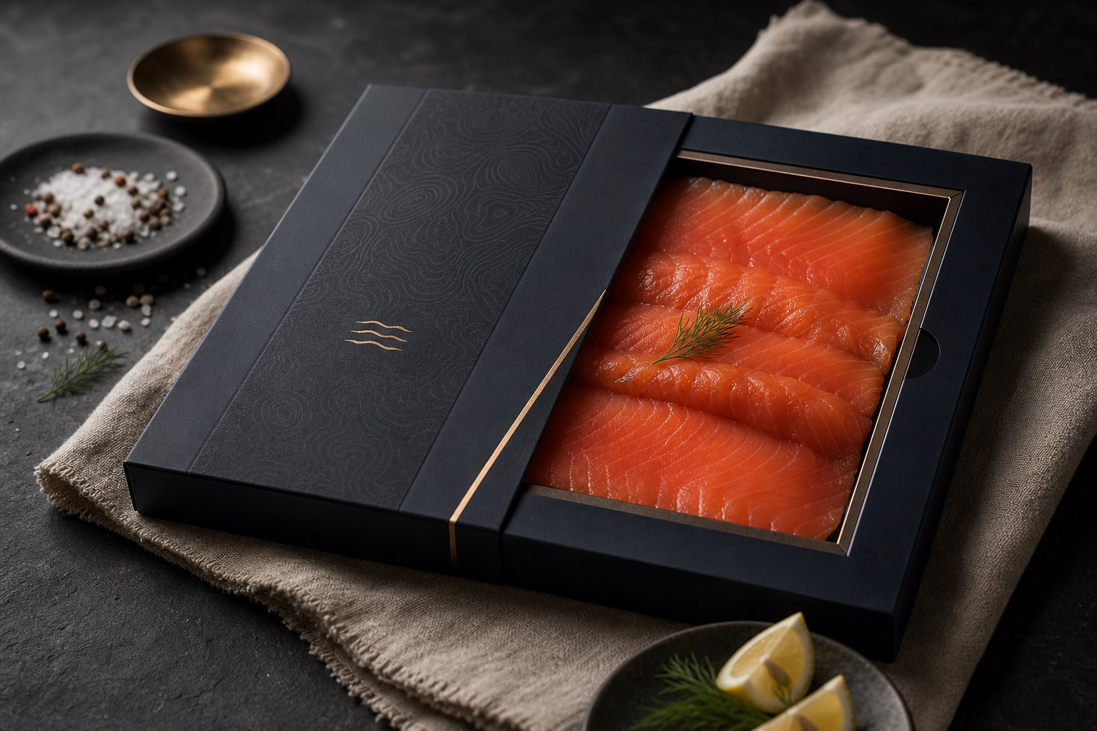 A whole side of original-reserve BC double-smoked salmon on dark slate.